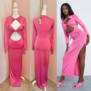 Slinky Cut Out Knot Detail Long Sleeve Maxi Dress